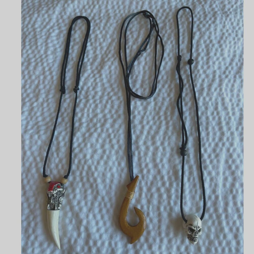 3 Wooden Fish Hook Skull Tooth Pendant Necklaces Set Mens Tribal Hawaiian Surfer - Picture 2 of 7